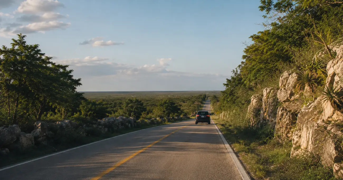 Open road through the Yucatán — limestone outcrops, scrub jungle, wide sky, a car heading into the interior